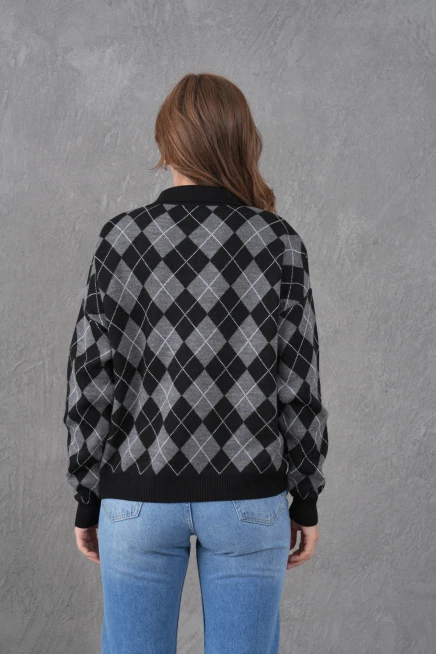 Kadın Polo Yaka Yarım Pat Düğme Detay Desenli Oversize Triko Kazak