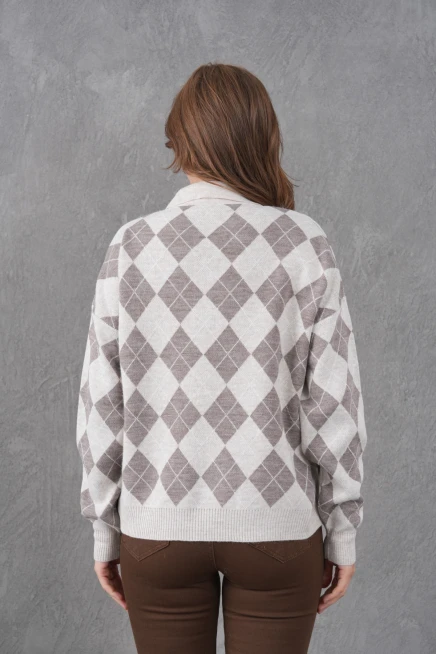 Kadın Polo Yaka Yarım Pat Düğme Detay Desenli Oversize Triko Kazak