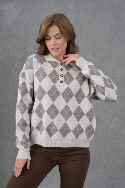 Kadın Polo Yaka Yarım Pat Düğme Detay Desenli Oversize Triko Kazak