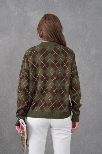 Kadın Polo Yaka Yarım Pat Düğme Detay Desenli Oversize Triko Kazak