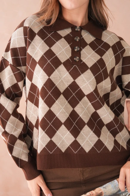 Kadın Polo Yaka Yarım Pat Düğme Detay Desenli Oversize Triko Kazak