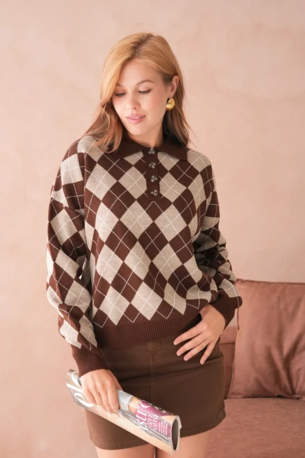 Kadın Polo Yaka Yarım Pat Düğme Detay Desenli Oversize Triko Kazak