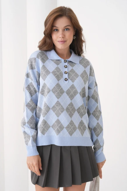 Kadın Polo Yaka Yarım Pat Düğme Detay Desenli Oversize Triko Kazak