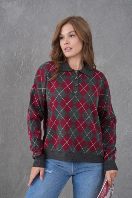 Kadın Polo Yaka Yarım Pat Düğme Detay Desenli Oversize Triko Kazak