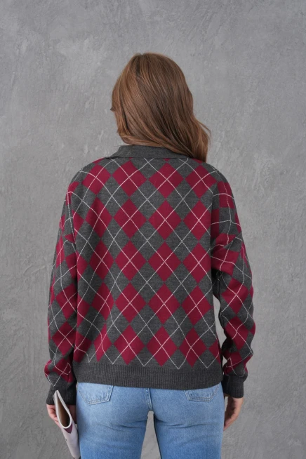 Kadın Polo Yaka Yarım Pat Düğme Detay Desenli Oversize Triko Kazak