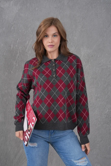 Kadın Polo Yaka Yarım Pat Düğme Detay Desenli Oversize Triko Kazak