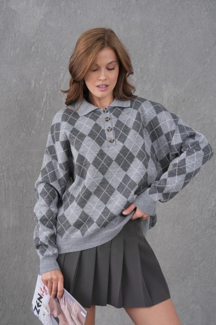 Kadın Polo Yaka Yarım Pat Düğme Detay Desenli Oversize Triko Kazak