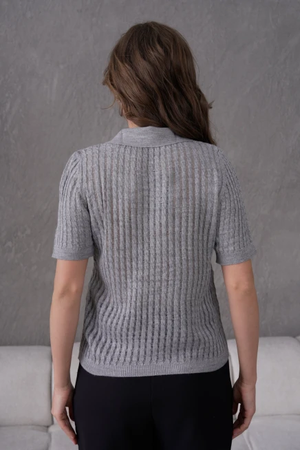 Kadın Polo Yaka Yarım Pat Düğme Kapama Ajurlu Kısa Kol Triko Kazak 10645