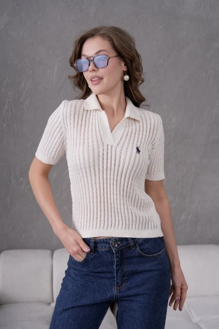 Kadın Polo Yaka Yarım Pat Düğme Kapama Ajurlu Kısa Kol Triko Kazak 10645