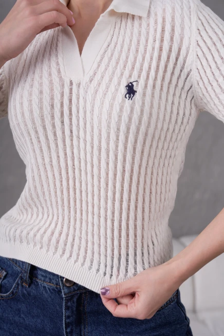 Kadın Polo Yaka Yarım Pat Düğme Kapama Ajurlu Kısa Kol Triko Kazak 10645