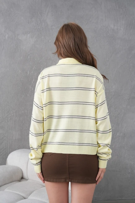 Kadın Polo Yaka Yarım Pat Düğme Kapama Çizgili Triko Kazak