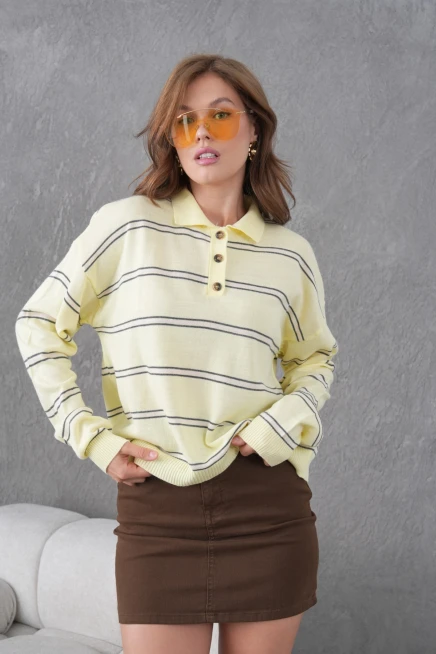 Kadın Polo Yaka Yarım Pat Düğme Kapama Çizgili Triko Kazak