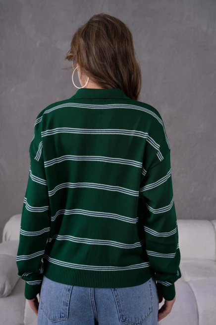 Kadın Polo Yaka Yarım Pat Düğme Kapama Çizgili Triko Kazak