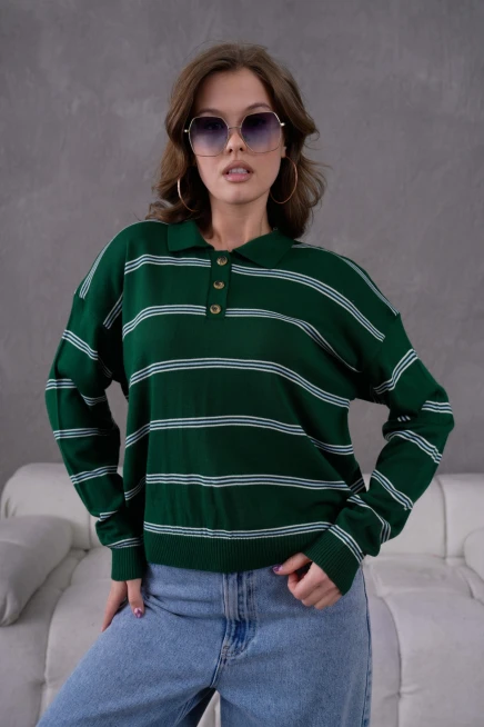 Kadın Polo Yaka Yarım Pat Düğme Kapama Çizgili Triko Kazak