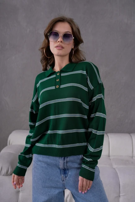 Kadın Polo Yaka Yarım Pat Düğme Kapama Çizgili Triko Kazak