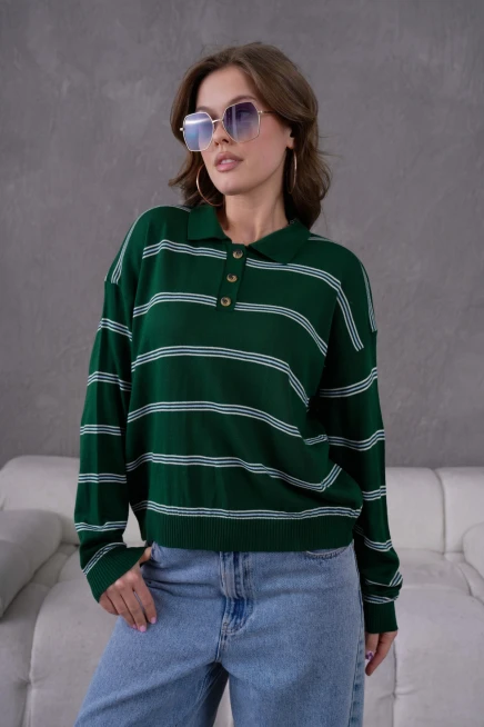 Kadın Polo Yaka Yarım Pat Düğme Kapama Çizgili Triko Kazak