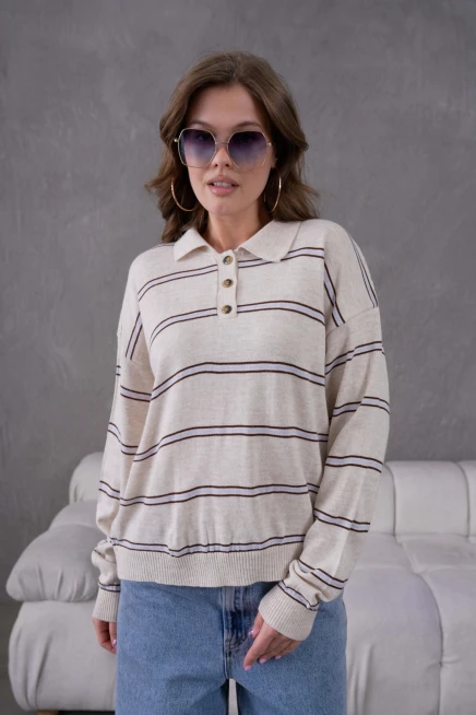 Kadın Polo Yaka Yarım Pat Düğme Kapama Çizgili Triko Kazak