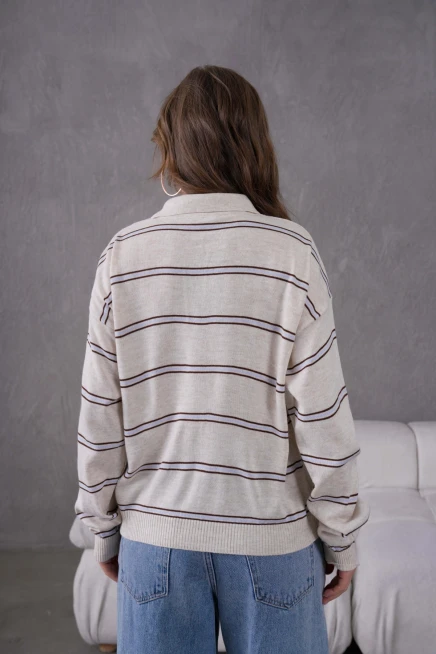 Kadın Polo Yaka Yarım Pat Düğme Kapama Çizgili Triko Kazak