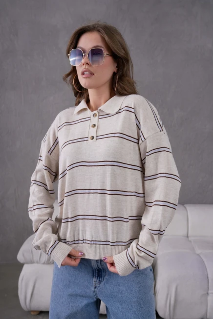 Kadın Polo Yaka Yarım Pat Düğme Kapama Çizgili Triko Kazak