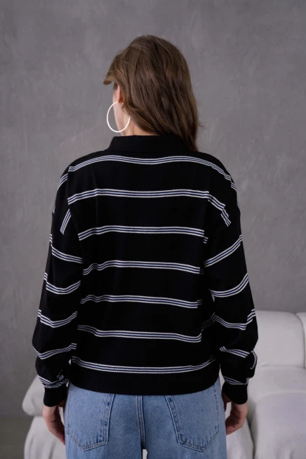 Kadın Polo Yaka Yarım Pat Düğme Kapama Çizgili Triko Kazak