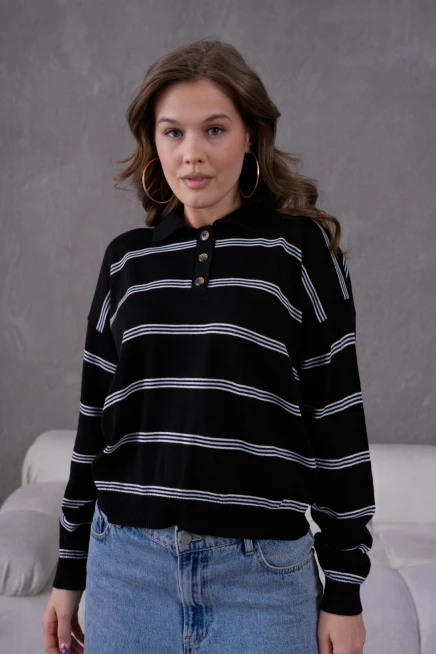 Kadın Polo Yaka Yarım Pat Düğme Kapama Çizgili Triko Kazak