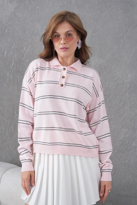 Kadın Polo Yaka Yarım Pat Düğme Kapama Çizgili Triko Kazak