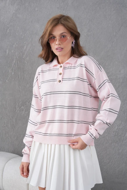 Kadın Polo Yaka Yarım Pat Düğme Kapama Çizgili Triko Kazak