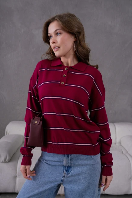 Kadın Polo Yaka Yarım Pat Düğme Kapama Çizgili Triko Kazak