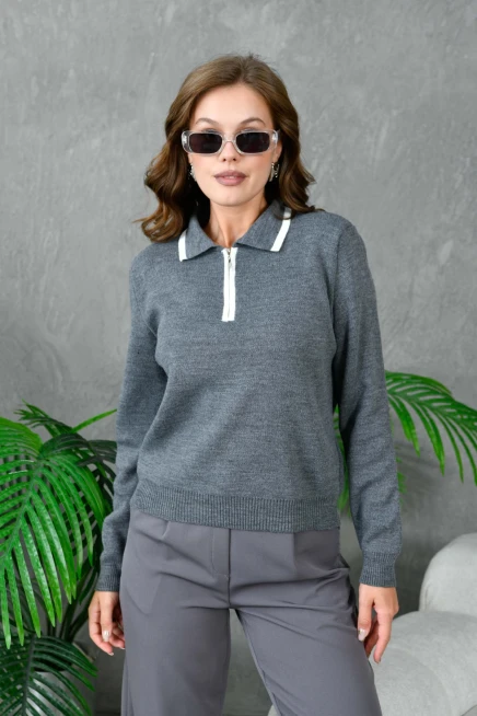 Kadın Polo Yaka Yarım Pat Fermuar Kapama Basic Triko Kazak