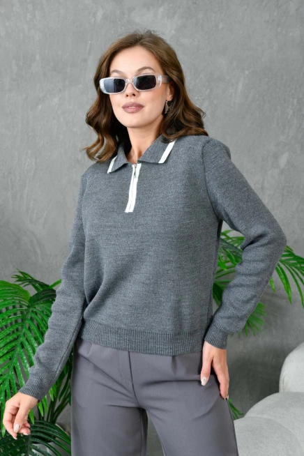 Kadın Polo Yaka Yarım Pat Fermuar Kapama Basic Triko Kazak