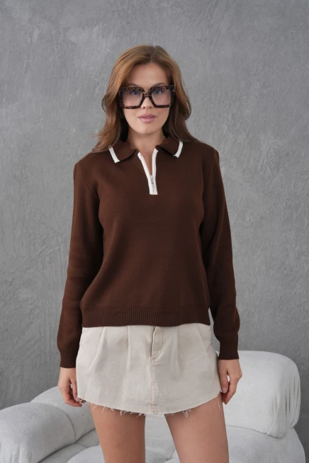 Kadın Polo Yaka Yarım Pat Fermuar Kapama Basic Triko Kazak