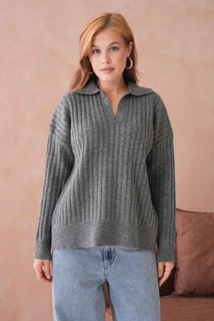 Kadın Polo Yaka Yarım Pat Kaşkorse Oversize Triko Kazak