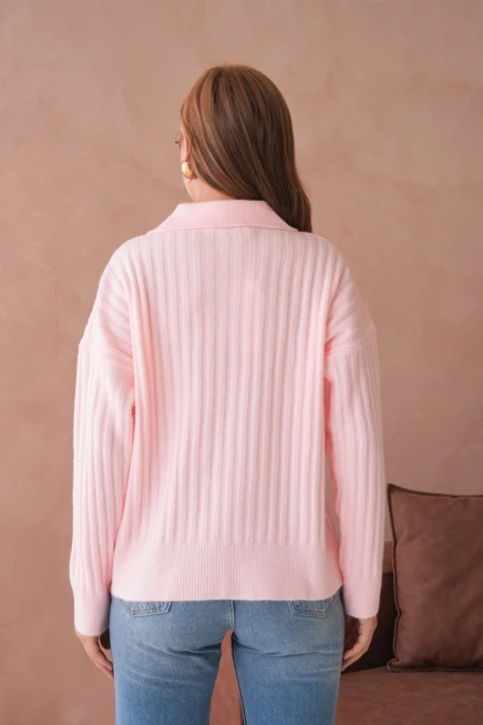 Kadın Polo Yaka Yarım Pat Kaşkorse Oversize Triko Kazak