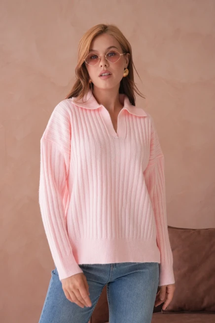 Kadın Polo Yaka Yarım Pat Kaşkorse Oversize Triko Kazak