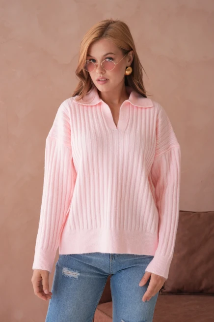 Kadın Polo Yaka Yarım Pat Kaşkorse Oversize Triko Kazak