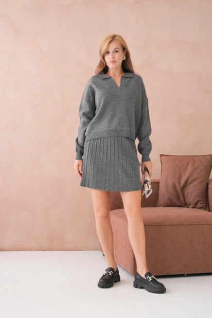 Kadın Polo Yaka Yarım Pat Kazak Etek İkili Triko Takım