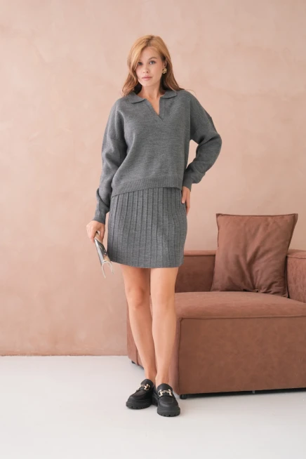 Kadın Polo Yaka Yarım Pat Kazak Etek İkili Triko Takım