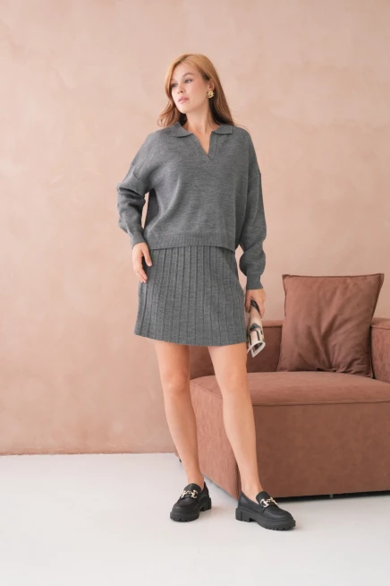 Kadın Polo Yaka Yarım Pat Kazak Etek İkili Triko Takım