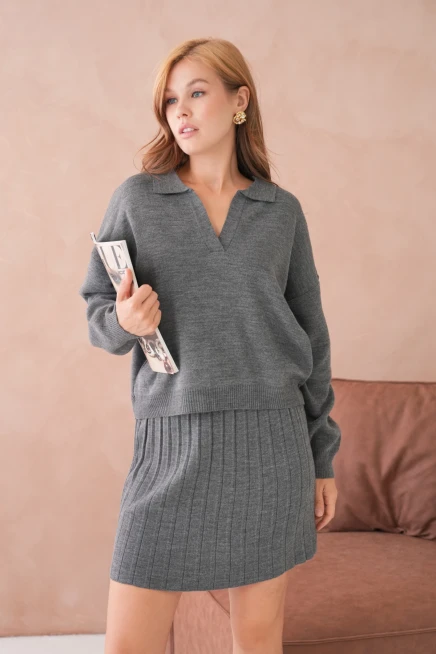 Kadın Polo Yaka Yarım Pat Kazak Etek İkili Triko Takım