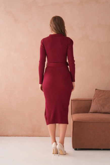 Kadın Polo Yaka Yarım Pat Kumaş Düğme Detay Kemerli Kaşkorse Triko Elbise