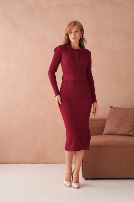 Kadın Polo Yaka Yarım Pat Kumaş Düğme Detay Kemerli Kaşkorse Triko Elbise