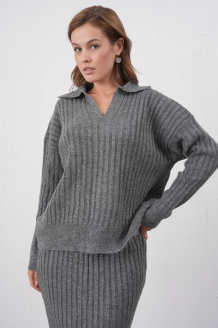 Kadın Polo Yaka Yarım Pat Örgü Detay Kazak Etek İkili Triko Takım