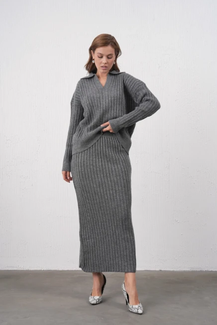 Kadın Polo Yaka Yarım Pat Örgü Detay Kazak Etek İkili Triko Takım