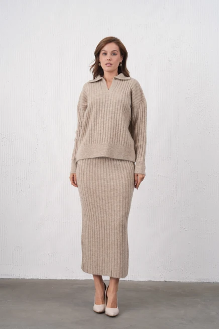 Kadın Polo Yaka Yarım Pat Örgü Detay Kazak Etek İkili Triko Takım