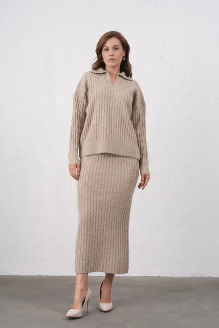 Kadın Polo Yaka Yarım Pat Örgü Detay Kazak Etek İkili Triko Takım