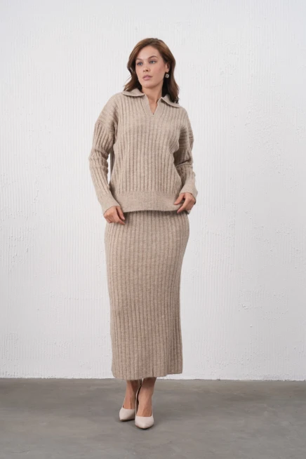 Kadın Polo Yaka Yarım Pat Örgü Detay Kazak Etek İkili Triko Takım