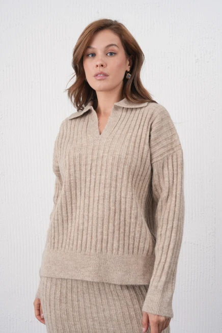 Kadın Polo Yaka Yarım Pat Örgü Detay Kazak Etek İkili Triko Takım