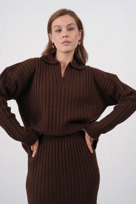 Kadın Polo Yaka Yarım Pat Örgü Detay Kazak Etek İkili Triko Takım