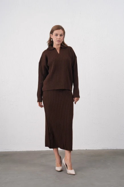 Kadın Polo Yaka Yarım Pat Örgü Detay Kazak Etek İkili Triko Takım