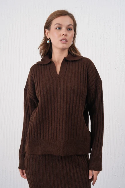 Kadın Polo Yaka Yarım Pat Örgü Detay Kazak Etek İkili Triko Takım